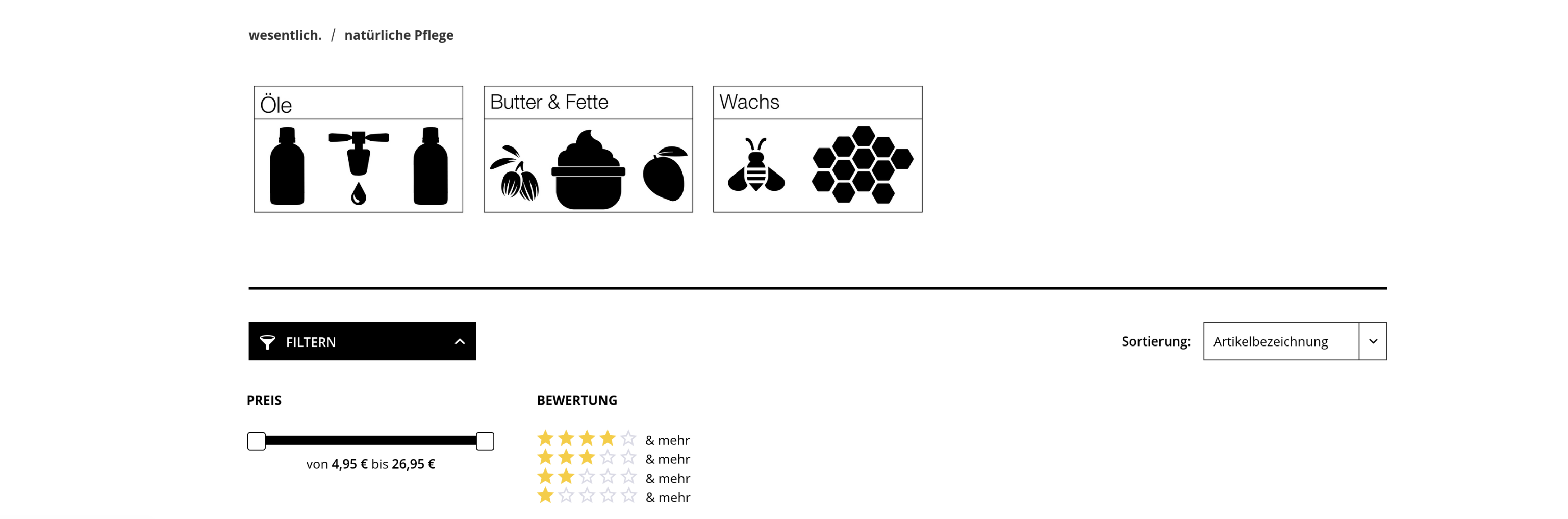 Produktübersicht mit klar strukturierter Navigation
